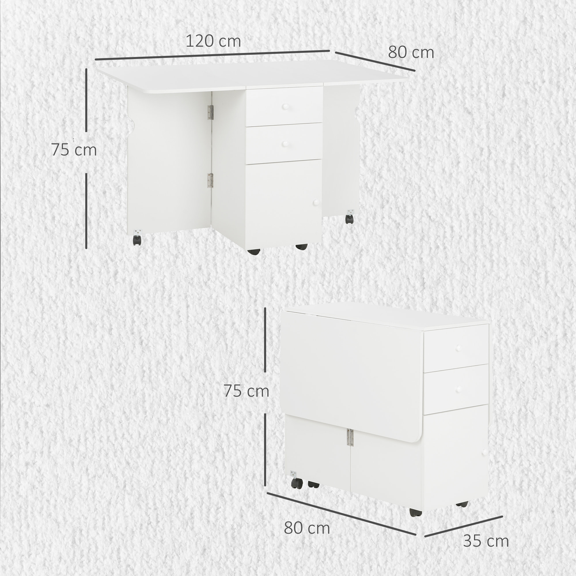 Mesa de Comedor Plegable Mesa de Cocina Extensible Alas Abatibles con 6 Ruedas y 2 Cajones de Almacenamiento de Estilo Moderno 120x80x75 cm Blanco