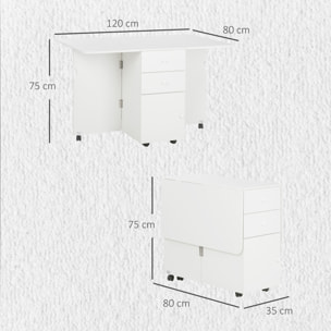 Mesa de Comedor Plegable Mesa de Cocina Extensible Alas Abatibles con 6 Ruedas y 2 Cajones de Almacenamiento de Estilo Moderno 120x80x75 cm Blanco