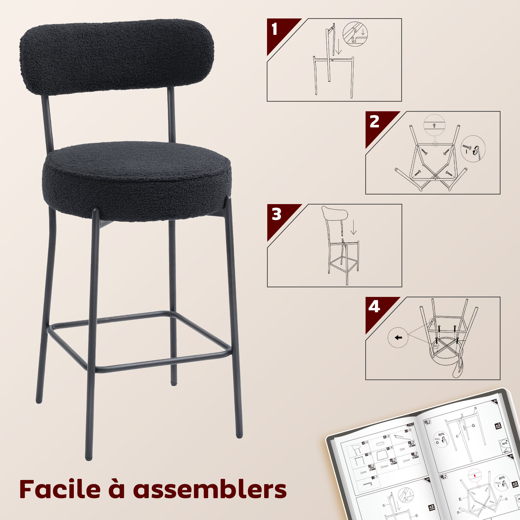 Lot de 2 tabourets de bar en tissu bouclé assise H.68 cm - lot de 2 chaises de bar - acier noir