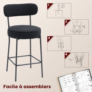 Lot de 2 tabourets de bar en tissu bouclé assise H.68 cm - lot de 2 chaises de bar - acier noir