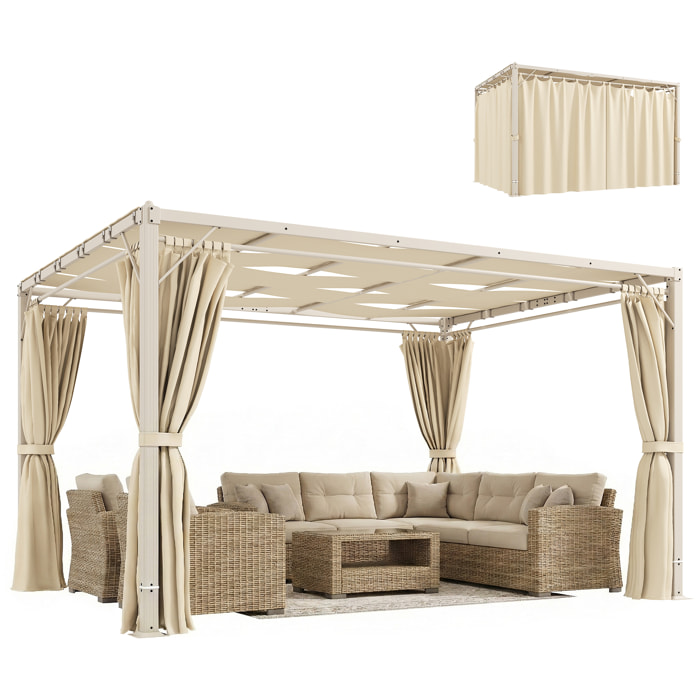 Pérgola de Jardín 3x4 m, Cenador de Jardín con Techo Ondulado, 4 Cortinas Extraíbles, Protección UPF50+ y Estructura de Acero Resistente, Pabellón para Exterior, Patio, Terraza, Beige