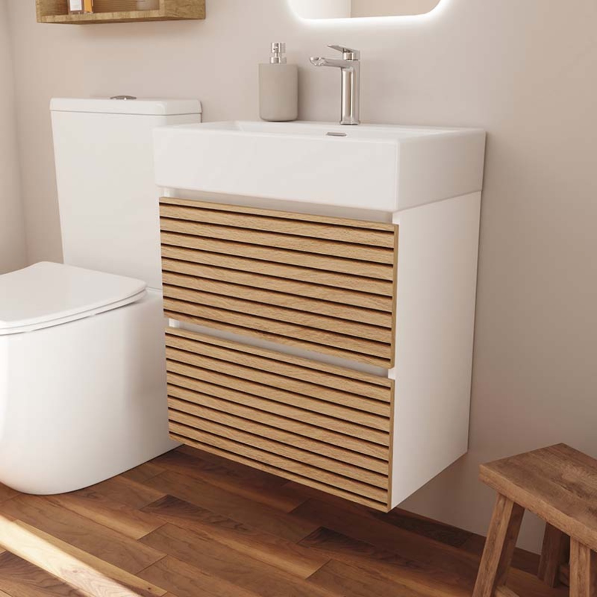 Conjunto de Baño YINU | 70 cm Blanco - Solomon | Fondo 36 cm | Dos Cajones | Lavabo Encastrado | No incluye Espejo | Mueble Montado | Alday