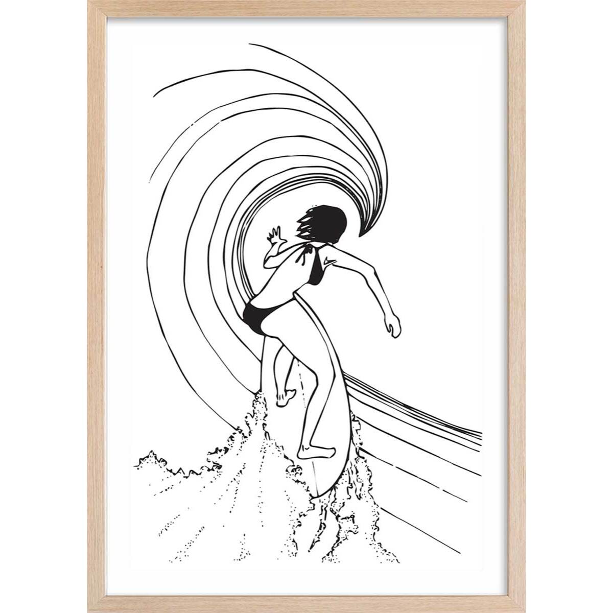 Poster surfeuse tube Affiche + cadre en bois - Chêne