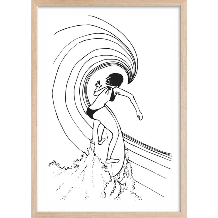 Poster surfeuse tube Affiche + cadre en bois - Chêne