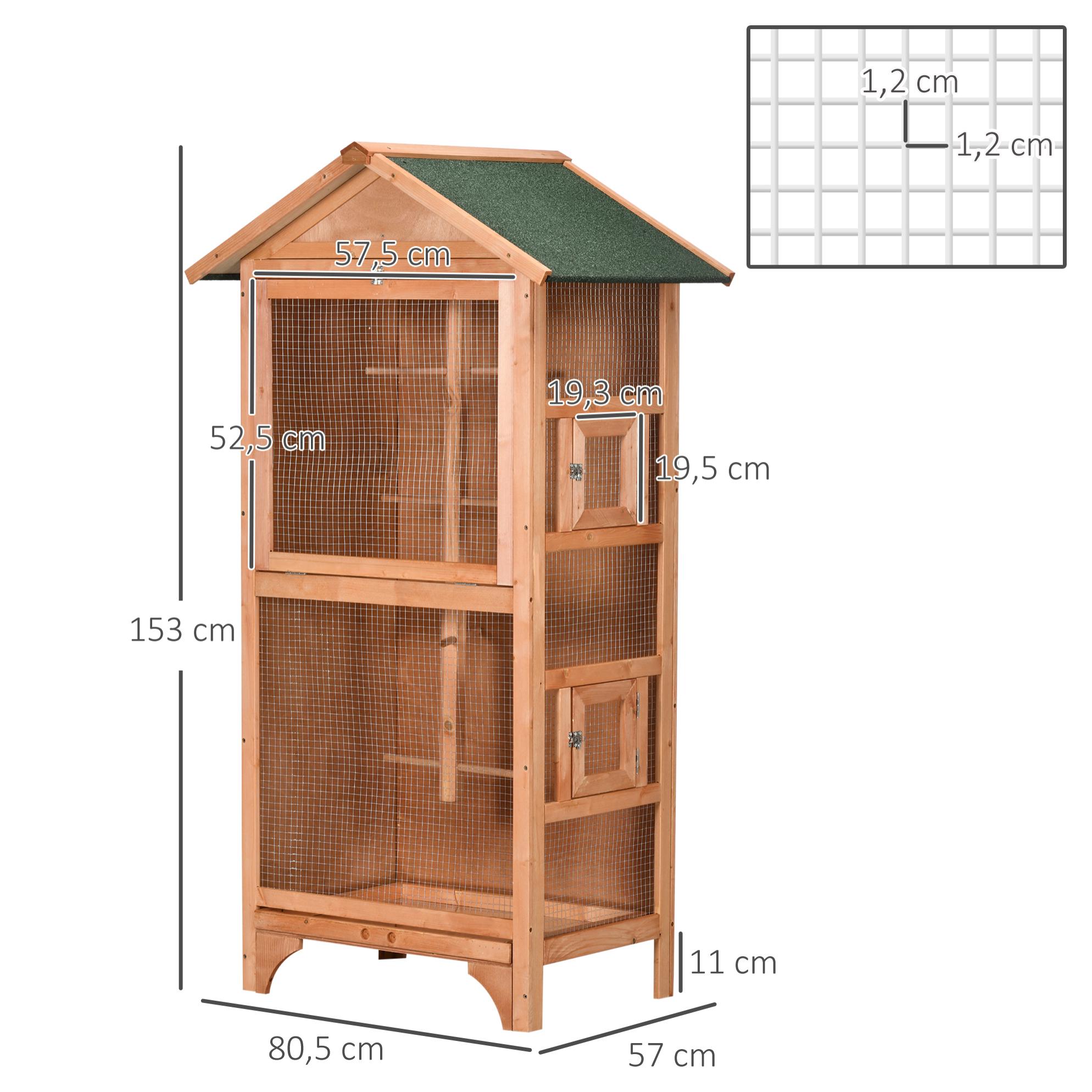 PawHut Jaula para Pájaros Pajarera de Madera con 3 Puertas 4 Perchas Bandeja Extraíble y Techo Asfáltico 80,5x57x153 cm Natural