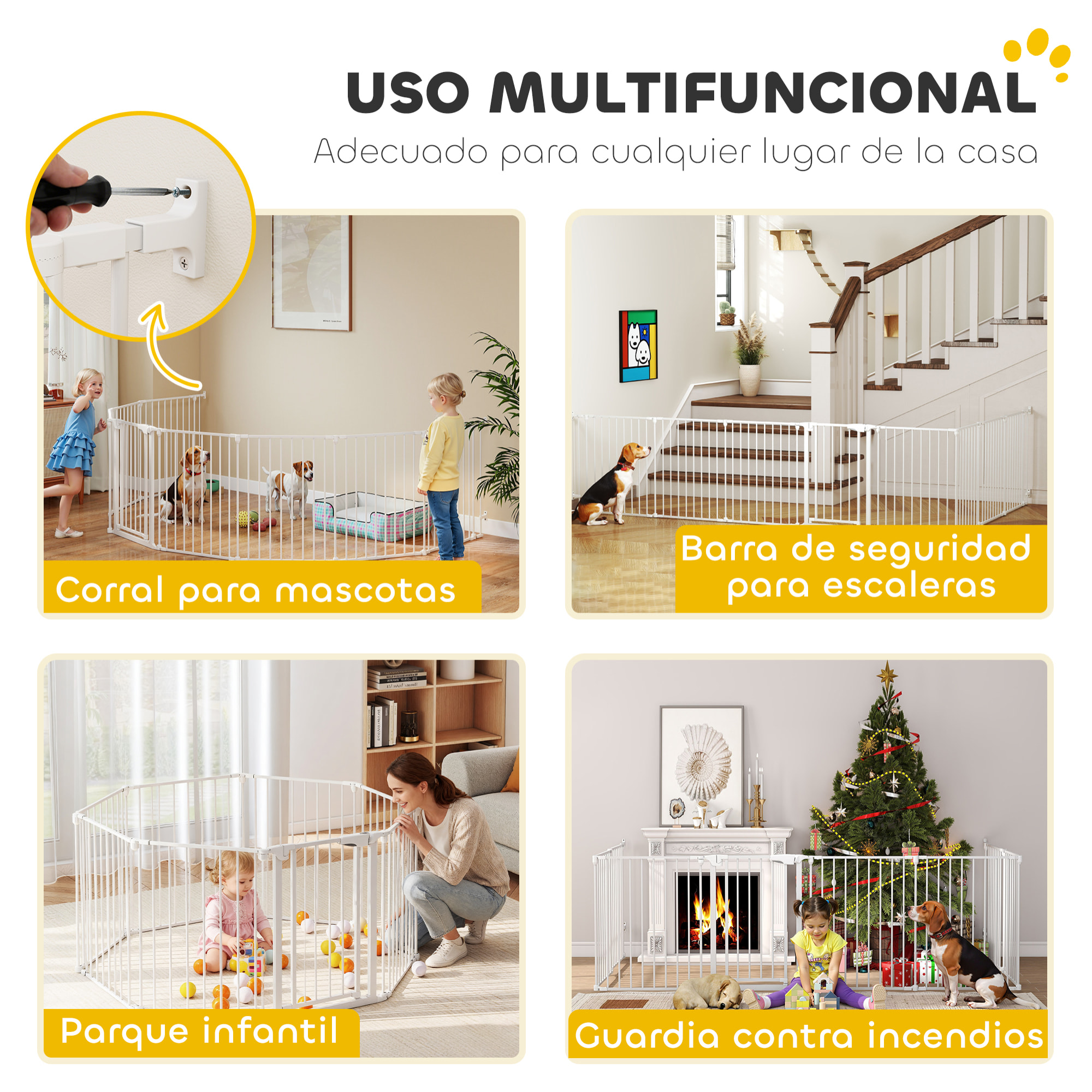 Barrera para Perros Plegable, 488x75 cm, Valla para Mascotas de 8 Paneles, Puerta con Cierre Doble, Barrera de Seguridad para Niños, Perros Pequeños y Medianos, para Escalera, Pasillo, Blanco