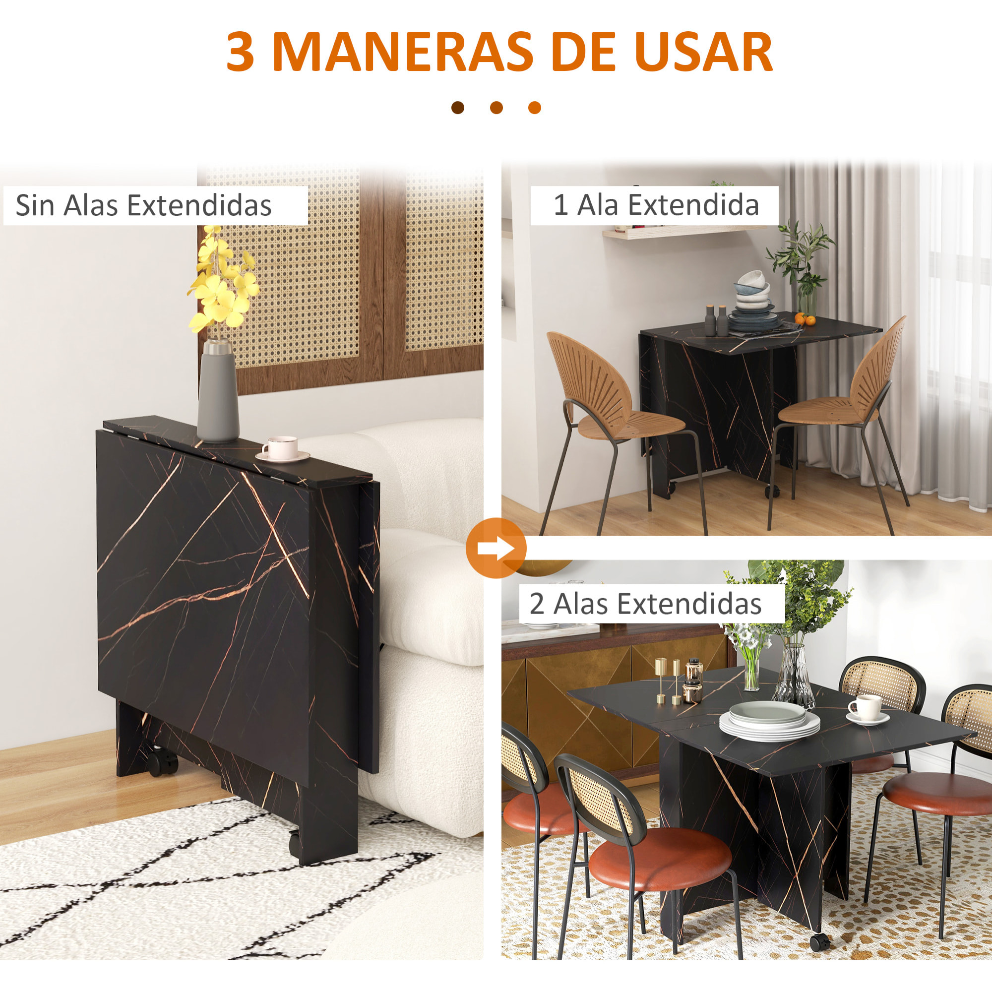 Mesa Plegable de Comedor, Mesa de Cocina Plegable, con Ruedas, Alas Abatibles, Hasta 6 Personas, para Salón, Espacio Pequeño, 120x80x73 cm, Negro con Efecto Mármol