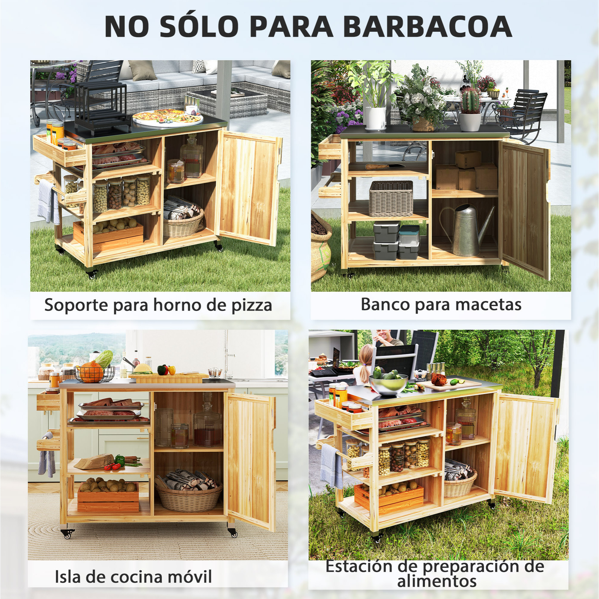 Carrito de Parrilla Carrito de Barbacoa de Madera Carro de Servicio con 4 Ruedas Estantes Armario Encimera de Acero Inoxidable Toallero y Especiero para Jardín Patio 134,5x50x91,5 cm Natural