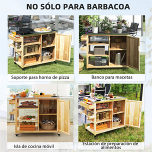 Carrito de Parrilla Carrito de Barbacoa de Madera Carro de Servicio con 4 Ruedas Estantes Armario Encimera de Acero Inoxidable Toallero y Especiero para Jardín Patio 134,5x50x91,5 cm Natural