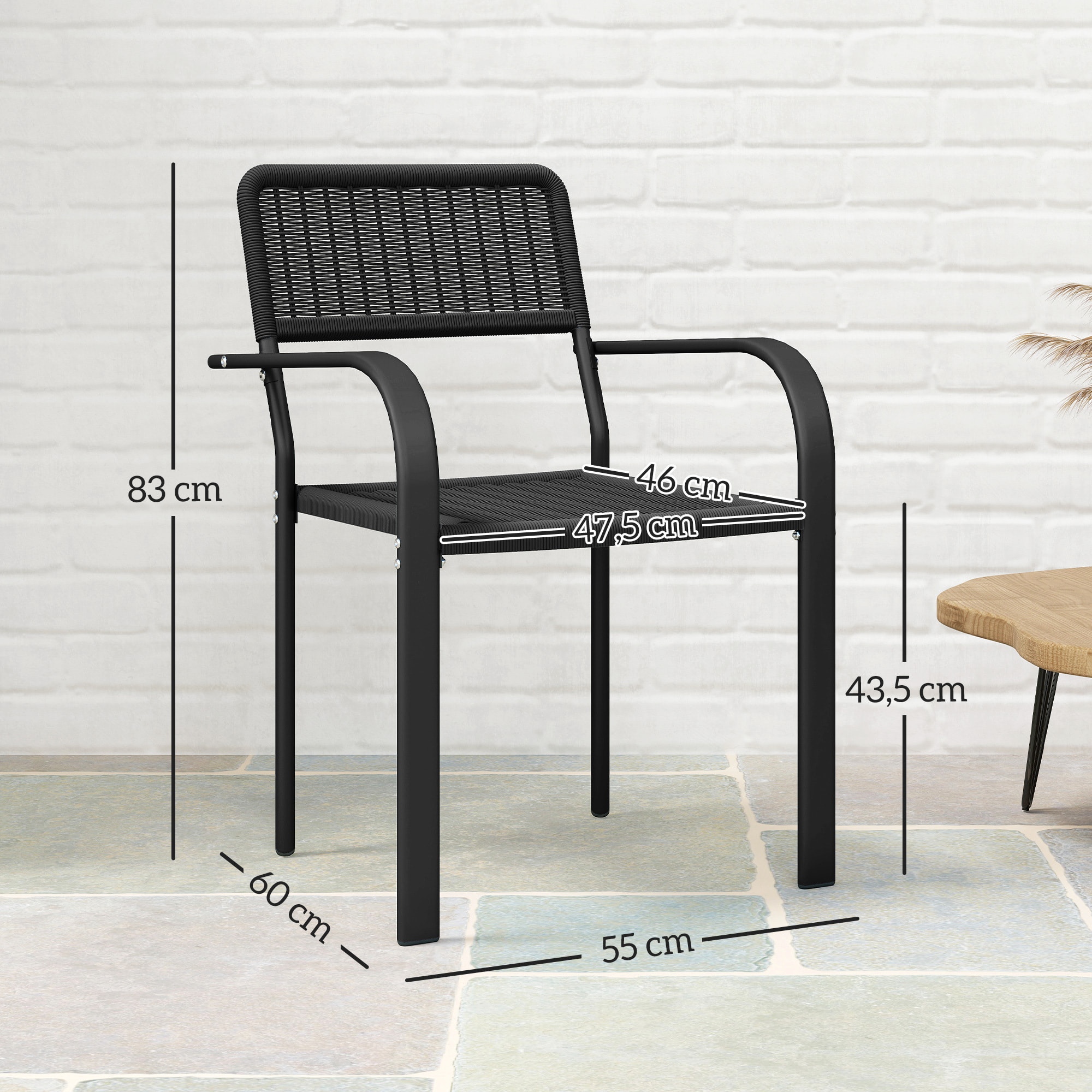 Juego de 4 Sillas de Jardín Exterior Apilables, Sillas de Comedor Exterior Efecto Ratán, con Reposabrazos, Marco de Acero, Resistente a la Intemperie y Ligero, 55x60x83 cm, Negro