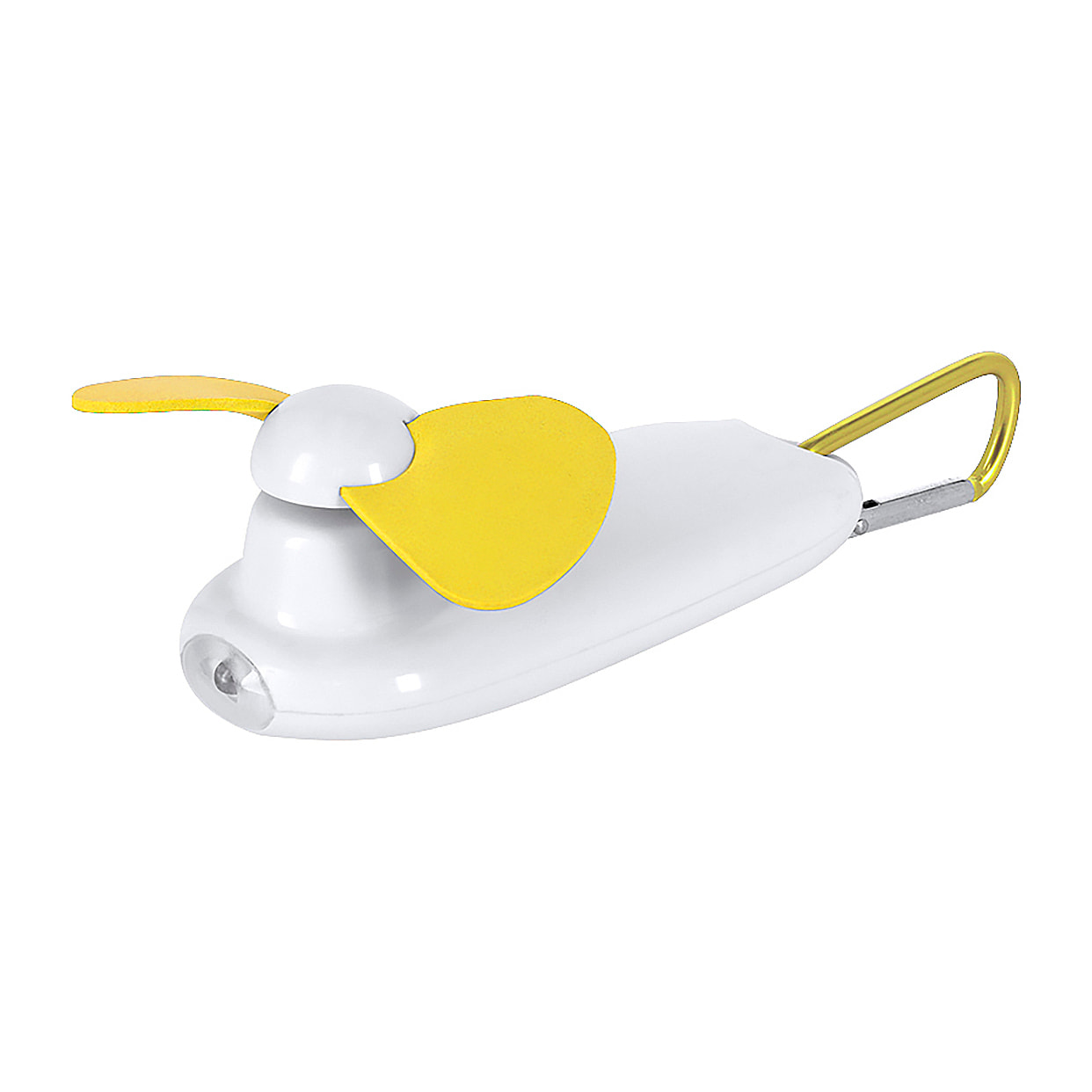 Ventilatore portatile con torcia LED integrata e moschettone per il trasporto.