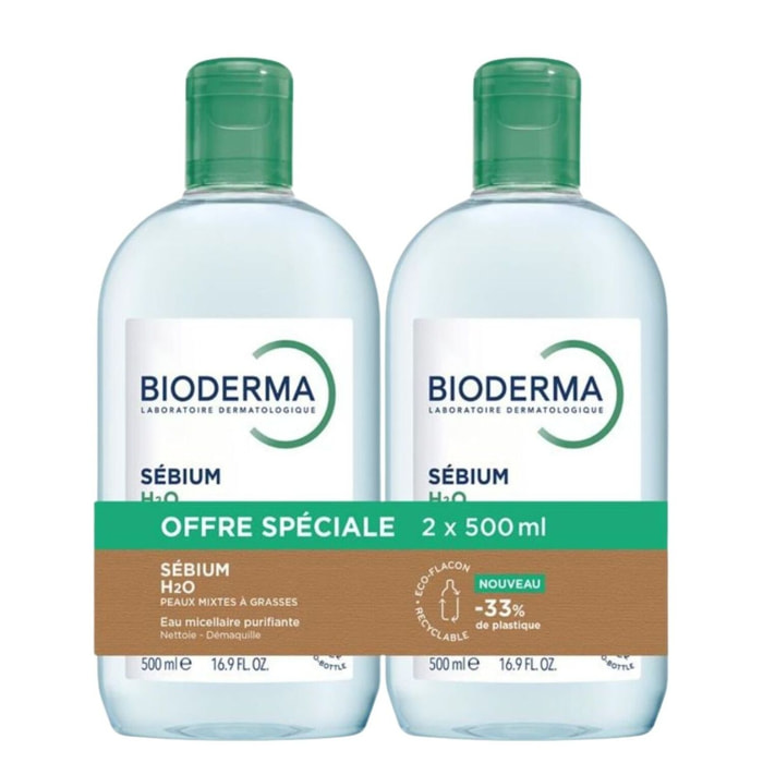Sébium H2O - Eaux Micellaires Purifiantes - Peaux Mixtes à Grasses 2 x 500 ml