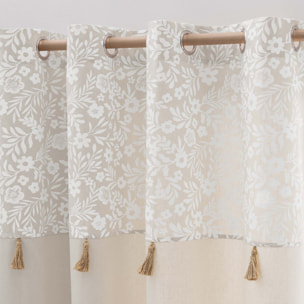 Rideau à œillets polycoton avec top floral et pompons - Naturel