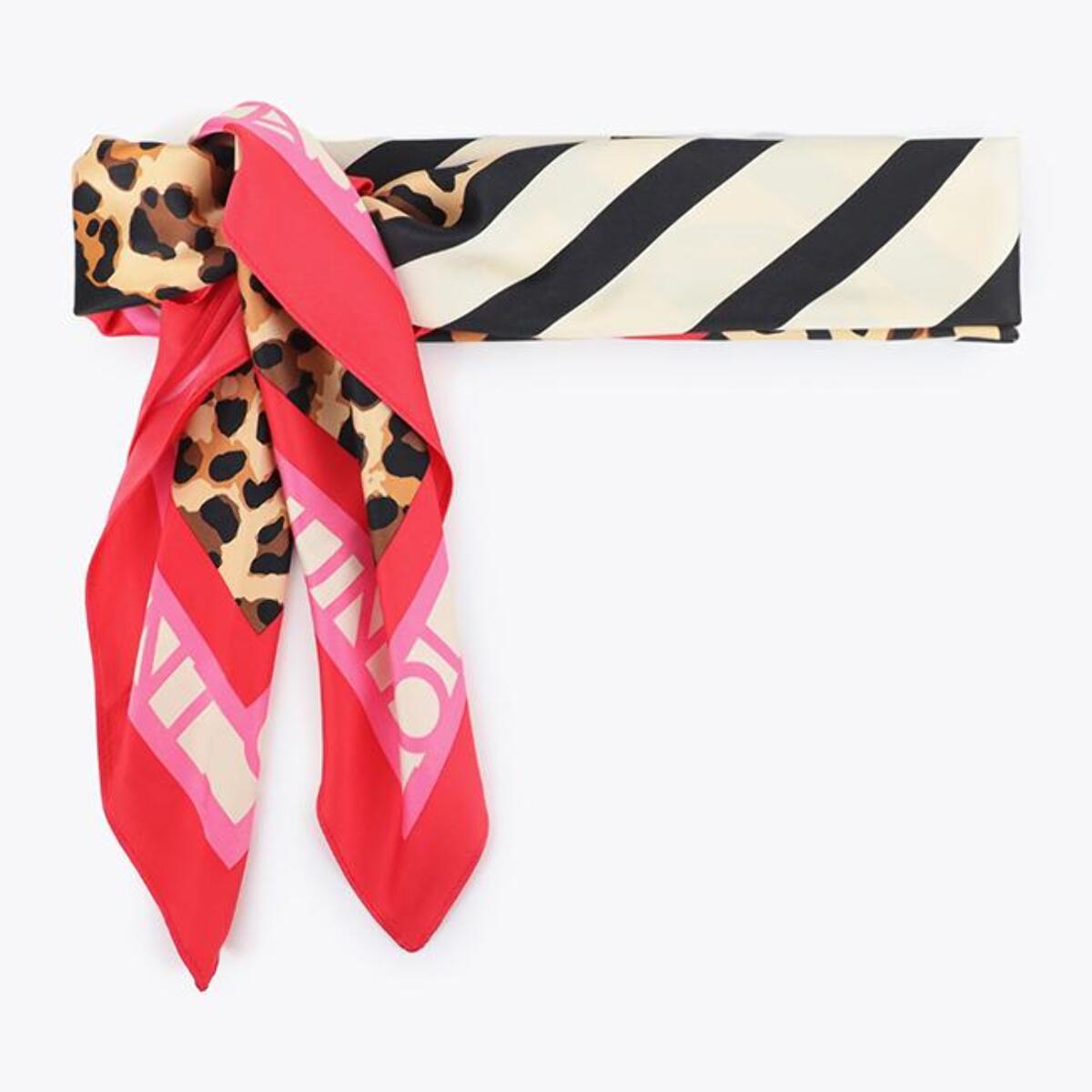 Sciarpa in raso con stampa combinata a righe e leopardo