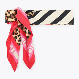 Sciarpa in raso con stampa combinata a righe e leopardo