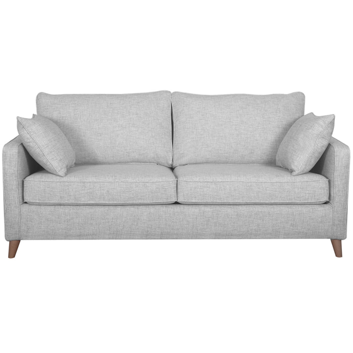Canapé convertible scandinave 3 places en tissu gris clair et bois clair avec matelas 10 cm PAPEL