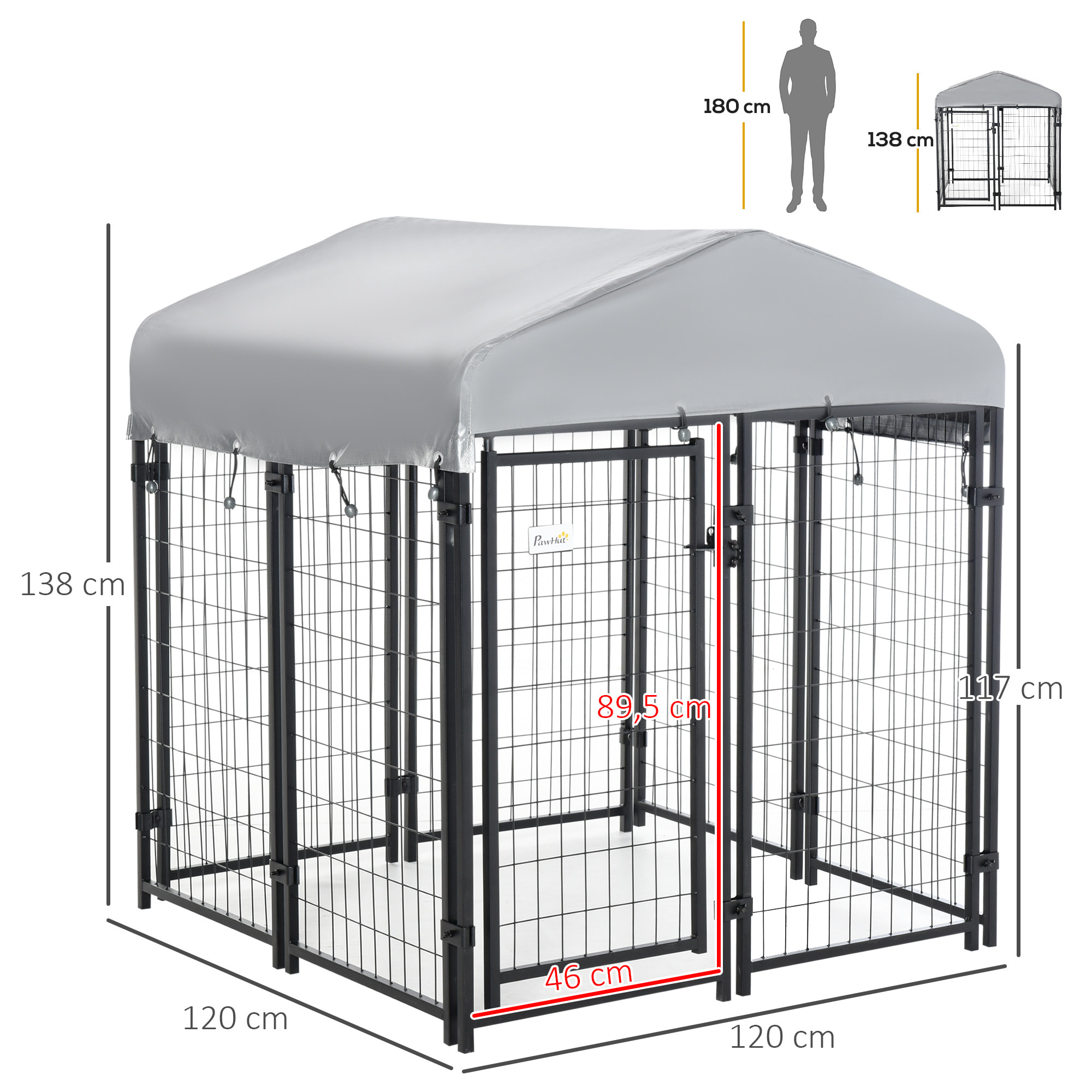 Perrera de Exterior con Techo 120x120x138 cm Jaula para Perros Parque para Mascotas con Malla de Metal y Puerta con Cerradura para Jardín Patio Plata