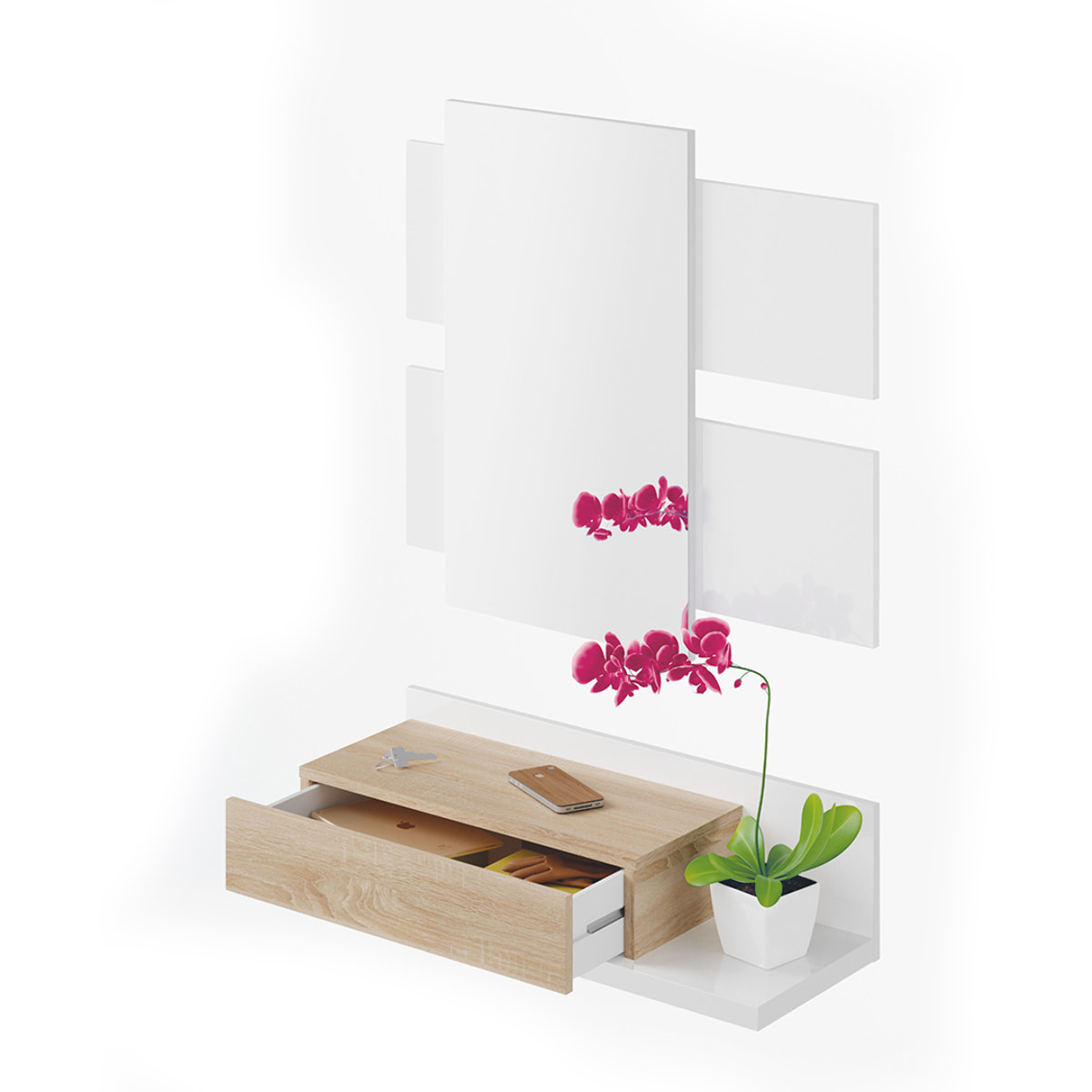 Mueble Recibidor Espejo Y Cajon 20x75x29 Cm Blanco Artik/roble