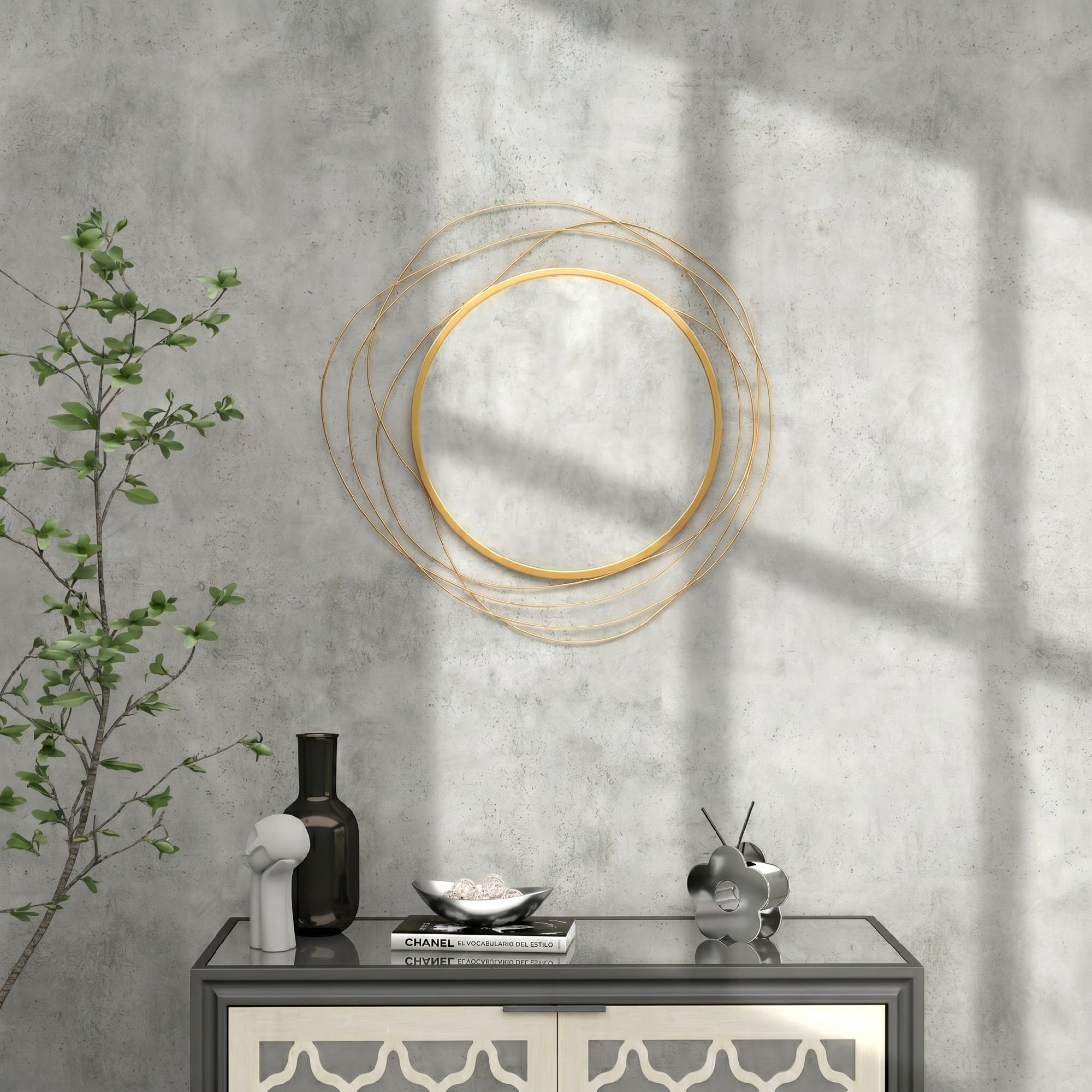 Espejo Decorativo de Pared, Adorno de Pared Metálico, Ø65 cm, con Ganchos, para Salón, Dormitorio, Pasillo, Dorado