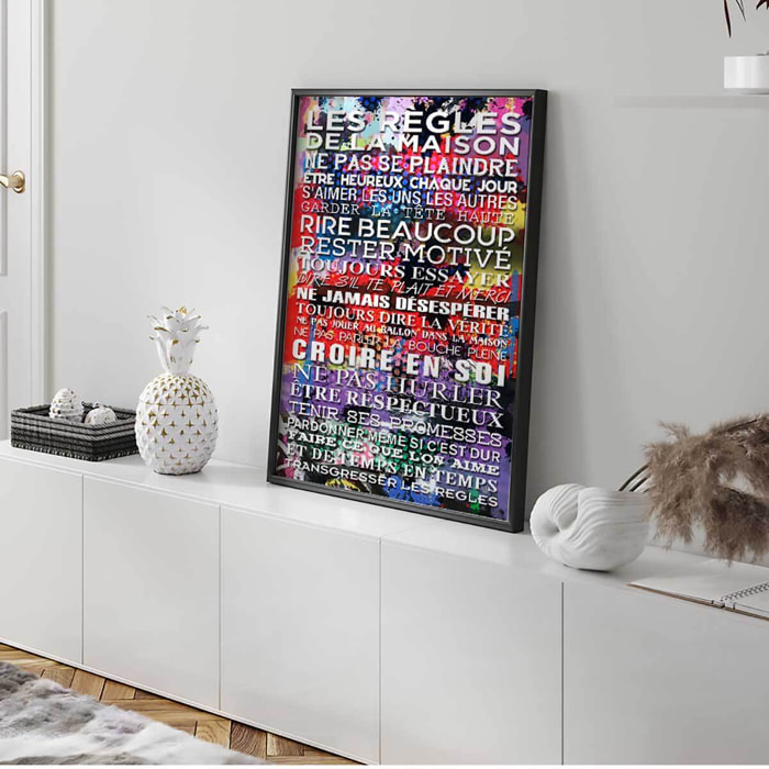 Affiche encadrée Les règles de la maison version artistique colorée Affiche + cadre en métal - Noir