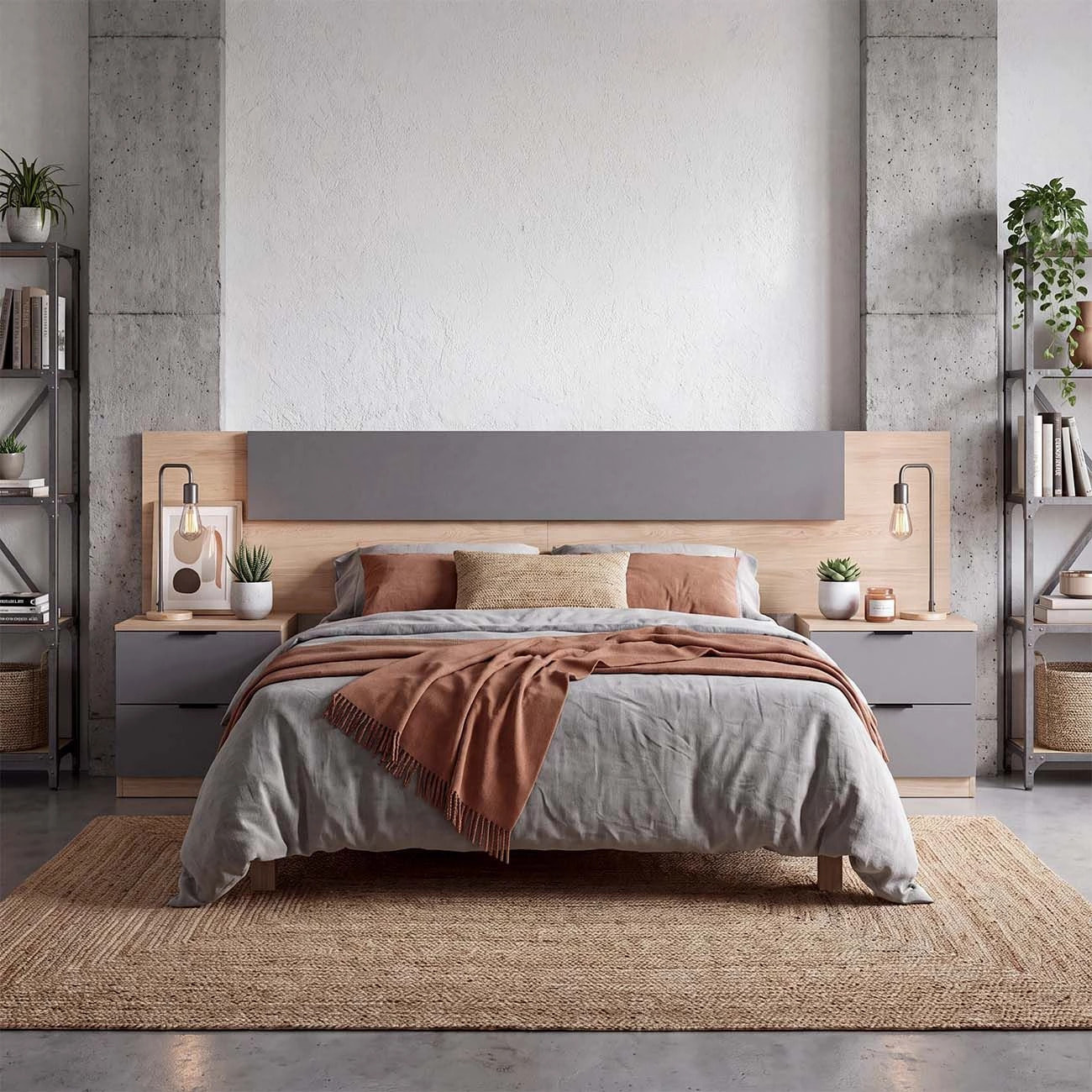Cabecero para cama de 135-150 cm y 2 mesitas con cajones en roble canadian y gris grafito Akari Roble Canadian - Gris Grafito