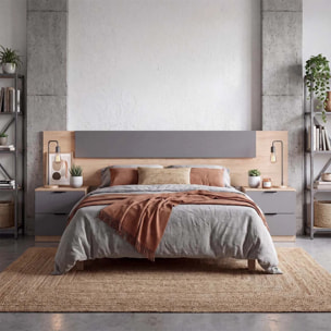 Cabecero para cama de 135-150 cm y 2 mesitas con cajones en roble canadian y gris grafito Akari Roble Canadian - Gris Grafito