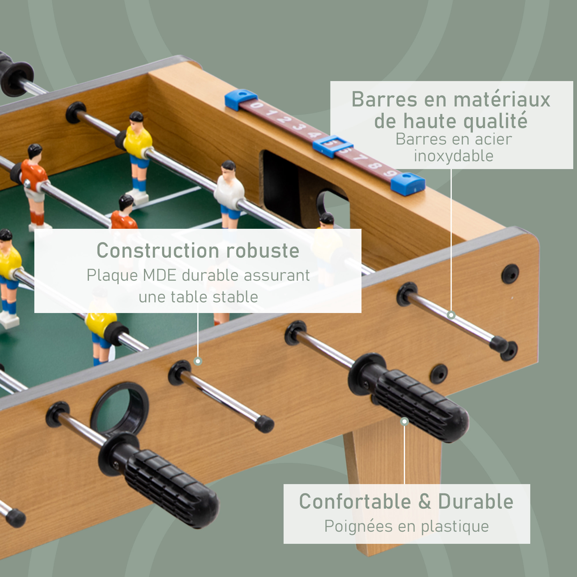 Table baby-foot enfant à partir de 6 ans 2 ballons 18 joueurs MDF vert aspect bois