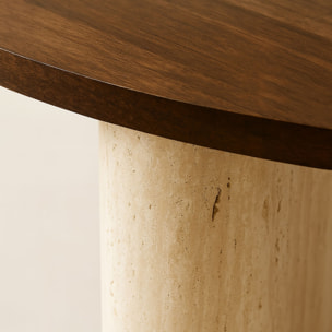 Table basse ronde avec plateau foncé 80cm en effet travertin et noyer AMBER