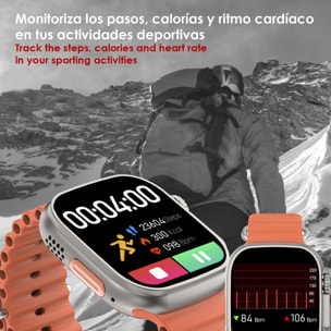 DAM Smartwatch DT8 Ultra con pantalla de 2.0 pulgadas HR y función Always-On display. Widgets personalizables. Correa Sea band. 4,8x1,3x4,3 Cm. Color: Plata