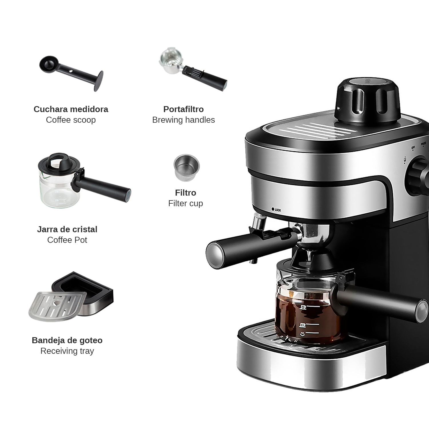 Cafetera espresso de 800 W y 3.5 bar de presión con capacidad de 240 ml. Incluye jarra de cristal con marcas de medida y varilla de vapor.