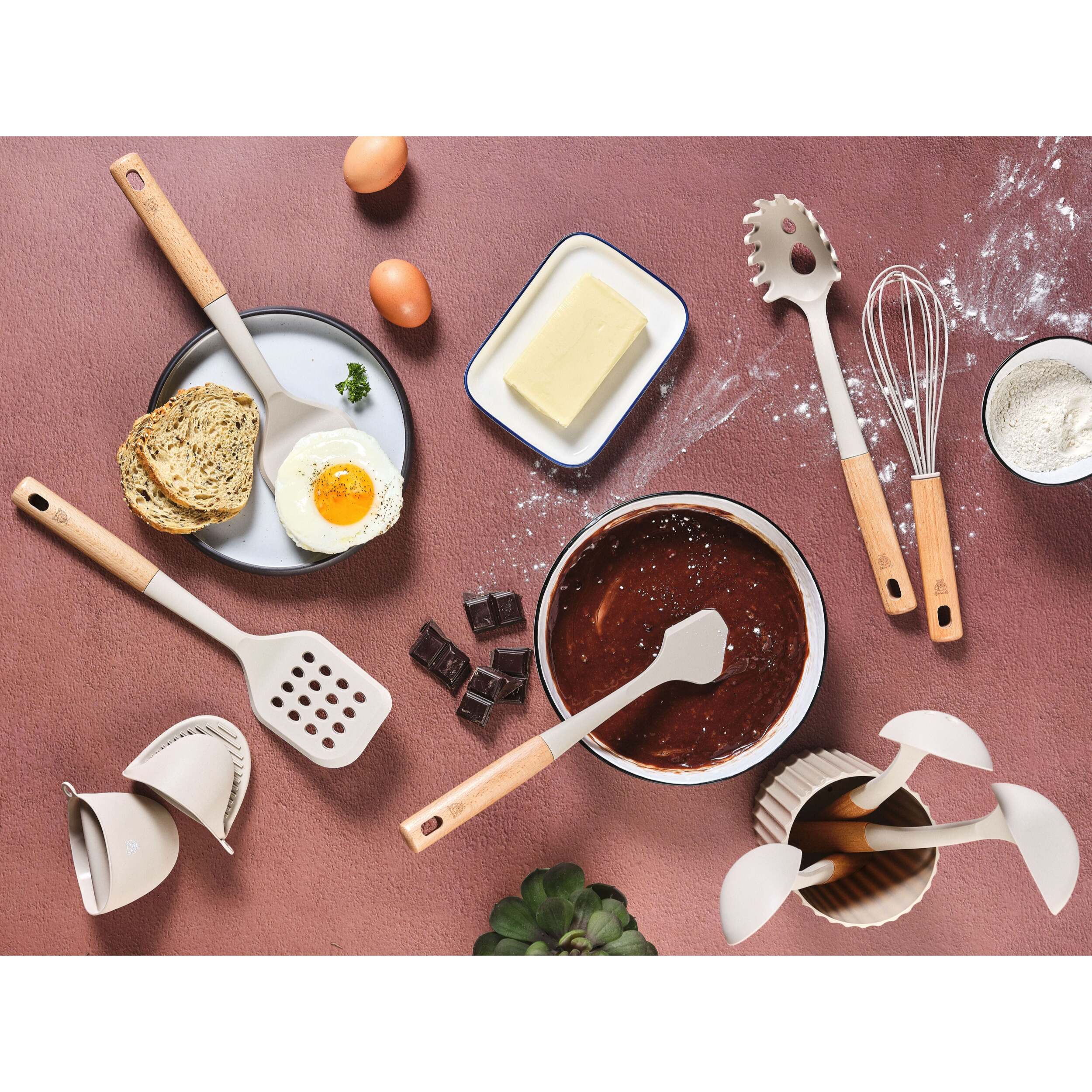 Set d'ustensiles de cuisine en bois et silicone GUNNAR - 11 pièces