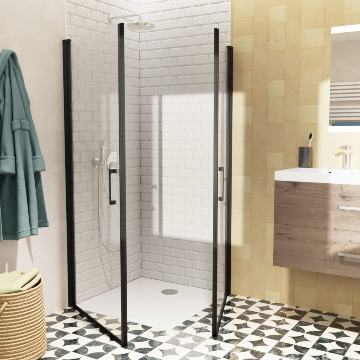 Fusion Portes de douche acces en angle pivotantes 80x80cm anticalcaire avec profilés noir mat (SATFUD8080C-SET)