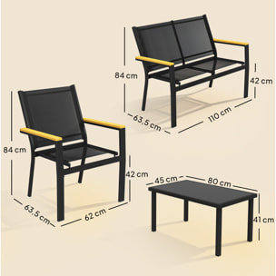 Conjunto Jardín Exterior de 4 Piezas, Muebles Jardín Exterior con Sofá de 2 Plazas, 2 Sillones, Mesa de Cristal Templado, Tela Textilene, Reposabrazos Anchos, Negro