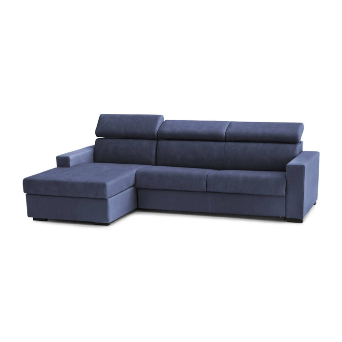 Divano Letto Alda, Divano ad angolo, 100% Made in Italy, Sofà con apertura girevole, con Penisola contenitore Sinistra, con Braccioli standard, Cm 280x95h85, Blu