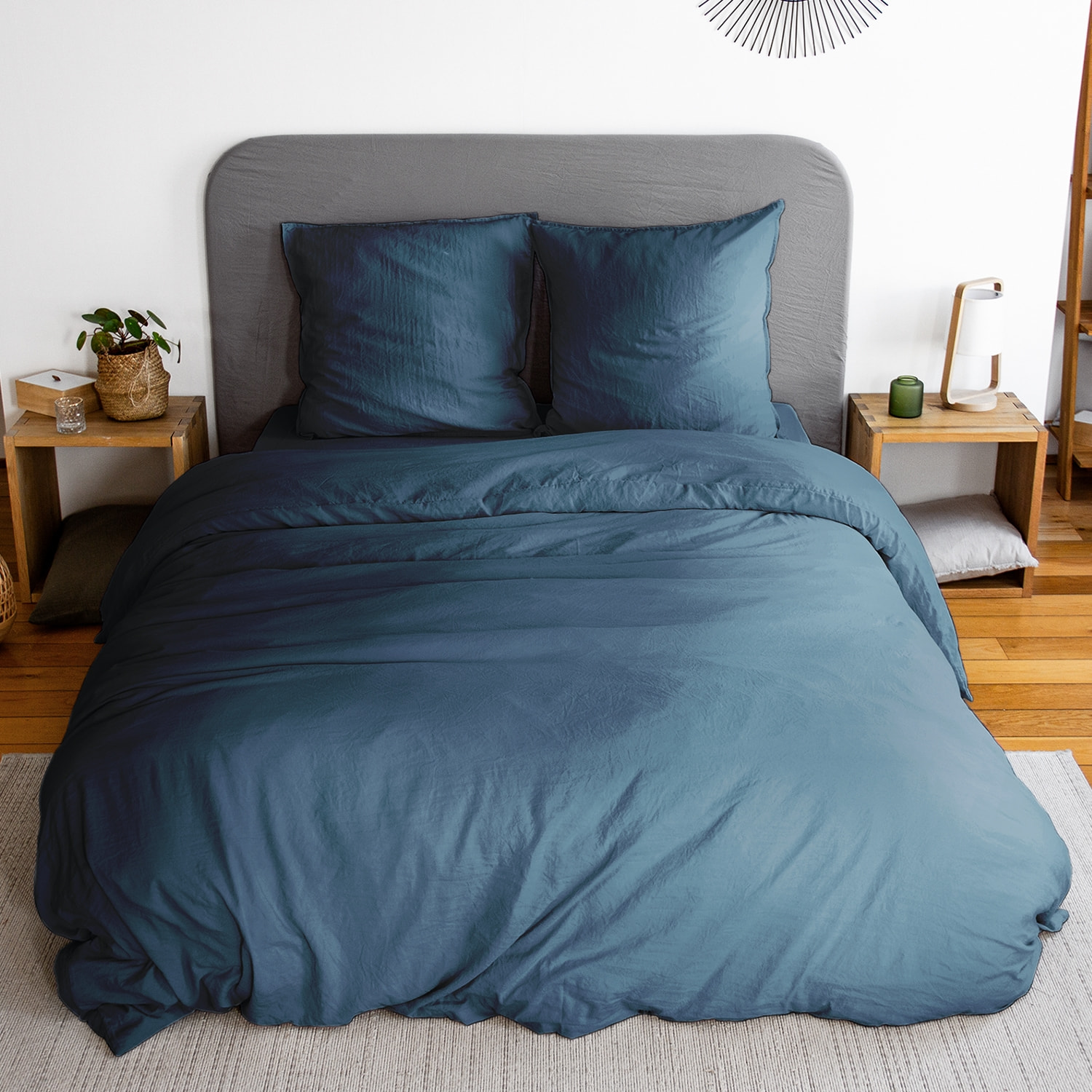 Parure de lit microfibre lavée 2 places bleu LUNA