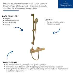 Mitigeur douche thermostatique Universal rond + Ensemble de douche Verve Showers 3 jets Or brossé