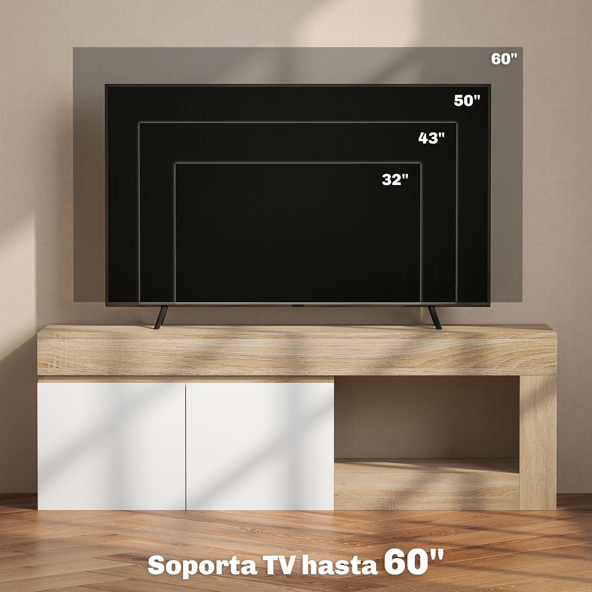 Mueble de TV Moderno, Mesa de TV para Salón con 2 Puertas, Estante Abierto, para Televisión 60 Pulgadas, 140x40x48 cm, Blanco y Natural