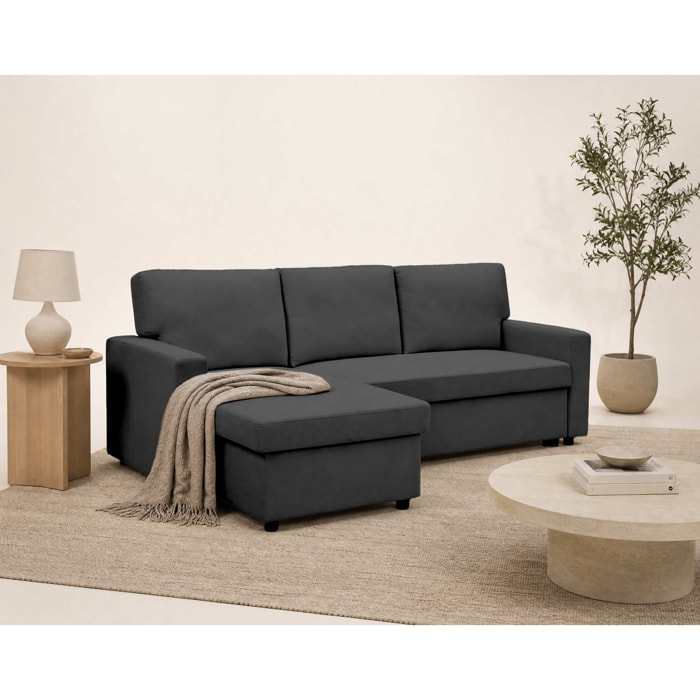 Meiya - canapé d'angle réversible 4 places convertible avec coffre en tissu - Gris foncé