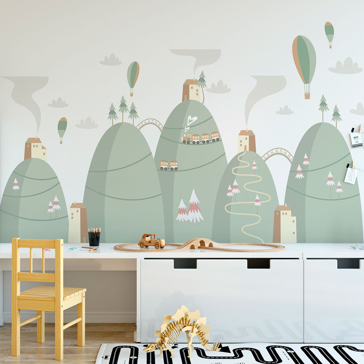 Stickers muraux enfants - Décoration chambre bébé - Autocollant Sticker mural géant enfant montagnes scandinaves MONTGOLFIÈRES DANS LA VILLE