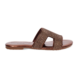 Sandaletto con tomaia laminata in strass color bronzo