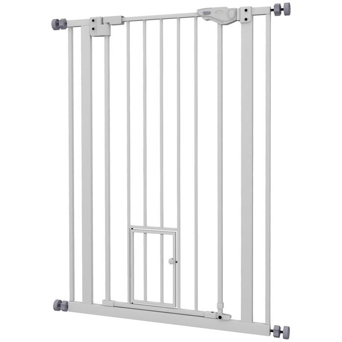 Barrière de sécurité animaux - longueur réglable dim. 74-80 cm - porte double verrouillage, ouverture double sens, petite porte -sans perçage - acier plastique blanc