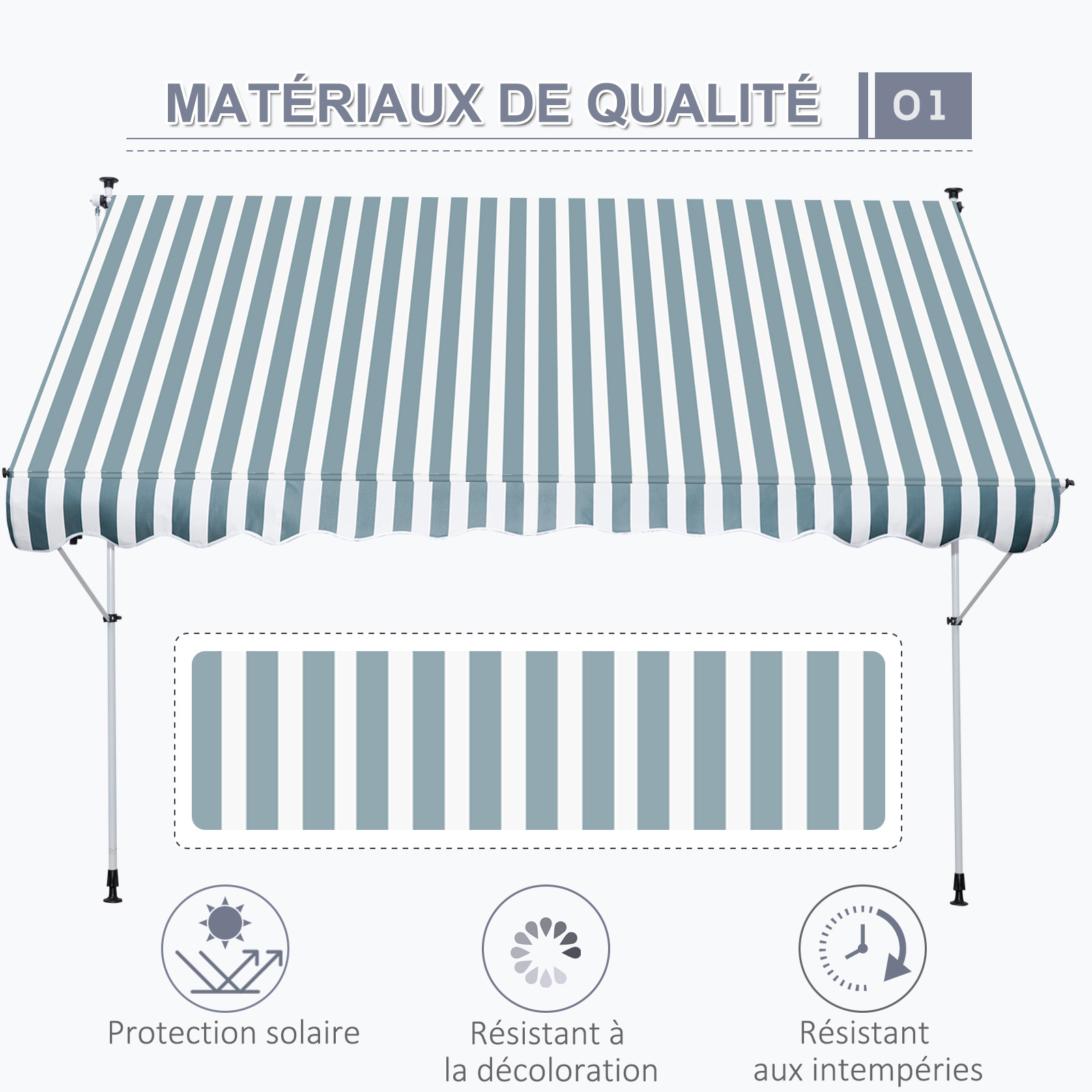 Store banne manuel rétractable 3L x 1,5l m inclinaison et hauteur réglable installation rapide métal alu polyester anti-UV vert blanc rayé