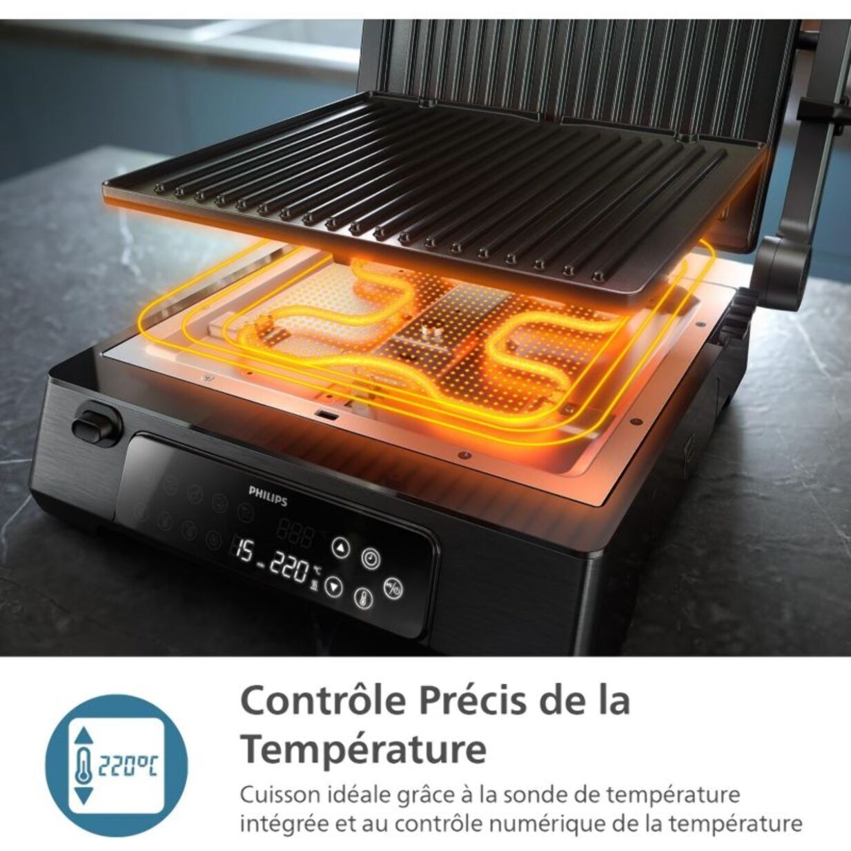 Grille-viande PHILIPS HD6307/70 Grill Série 7000 noir, sonde cuisson, plaques amovibles 29x26 cm, 2200 W