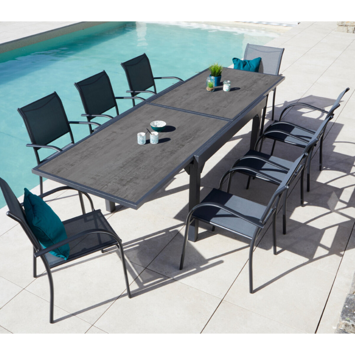 Ensemble table et chaises de jardin  - Gris Anthracite - HONFLEUR XL SPC BEZIERS ardoise