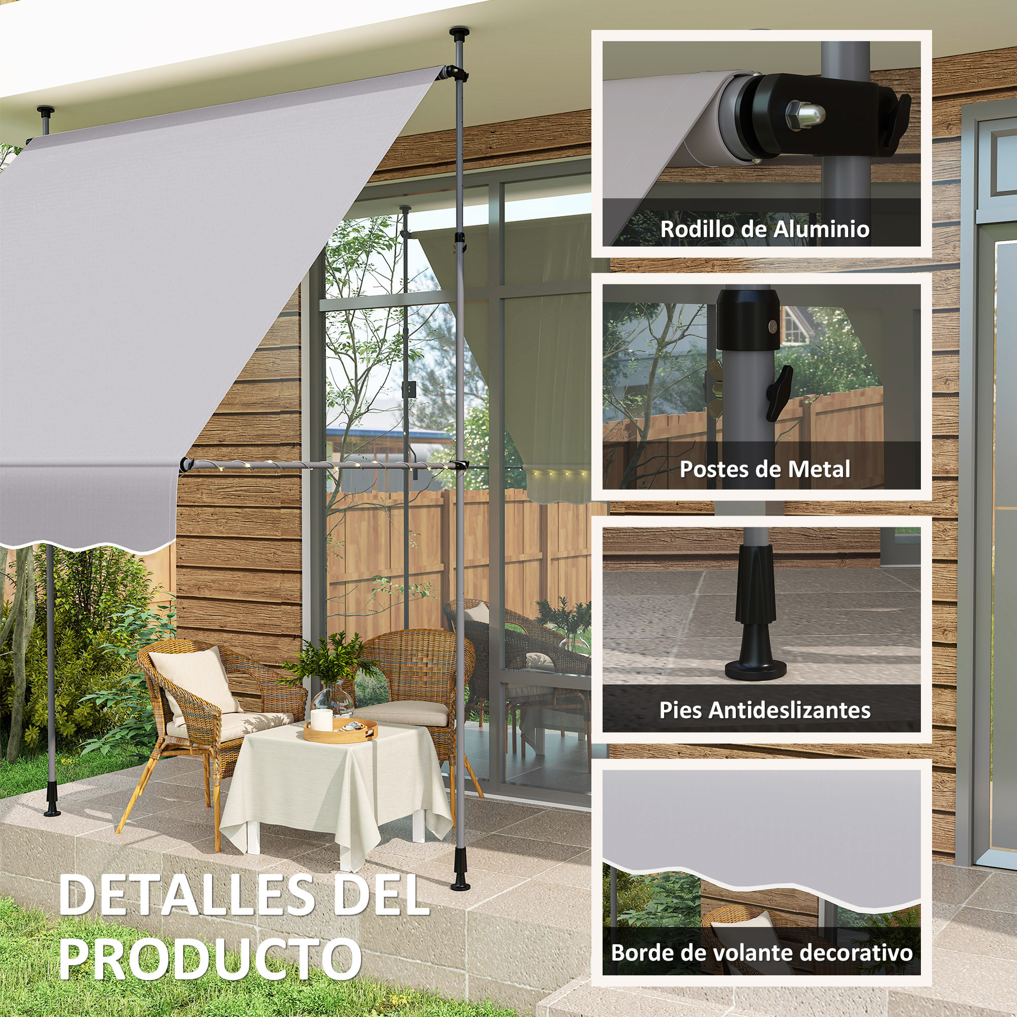 Toldo Manual Retráctil 2x1,2 m Toldo Exterior Terraza Enrollable Altura Ajustable con Manivela 210-310 cm Protección UV30+ Sin Taladro para Jardín Balcón Patio Gris