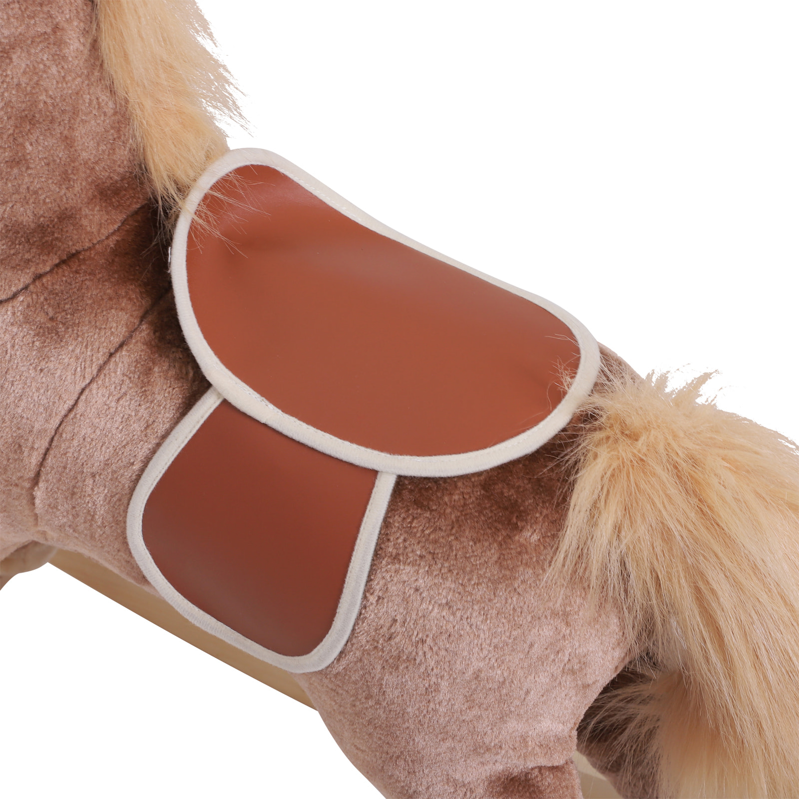 Cheval à bascule cheval de cowboy selle grand confort peluche courte douce bois peuplier brun blanc