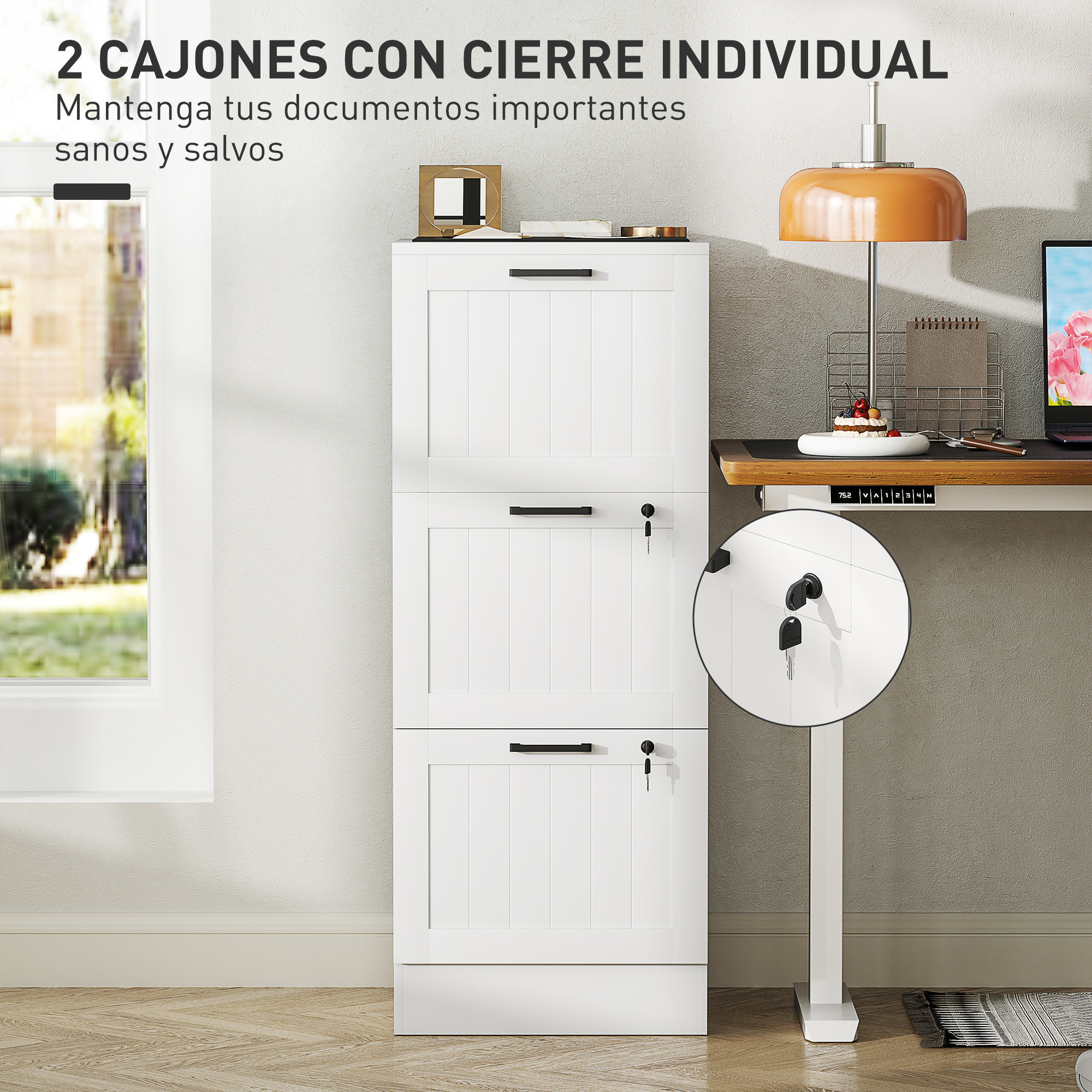 Cajonera de Oficina Mueble Archivador con 3 Cajones Cajonera para Escritorio con Cerraduras Carpetas Suspendidas para A4 y Carta 40x40x101 cm Blanco