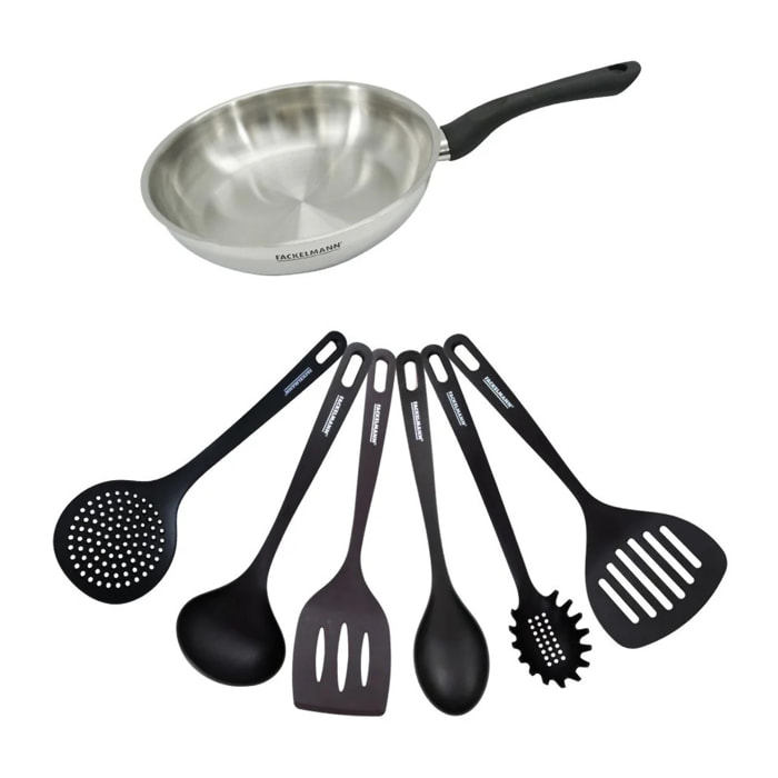 Set poêle en inox et 6 ustensiles RPET Fackelmann Geneva