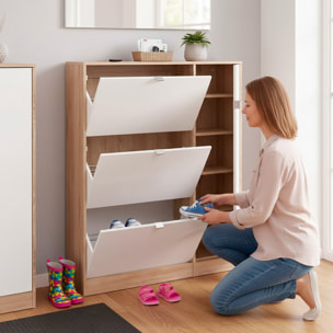 Scarpiera Salvaspazio Con 3 Ante A Ribalta Mobile Laterale Fino A 18 Paia Design Moderno Ingresso Corridoio 98.8x24.05x123.6 Cm Rovere e Bianco Lucido