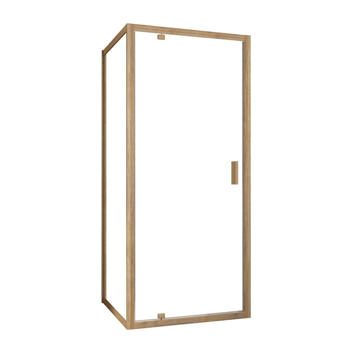 Porte de Douche Pivotante et Retour 90x90x200cm - Profilés Alu Effet Bois - Verre Trempé 6mm